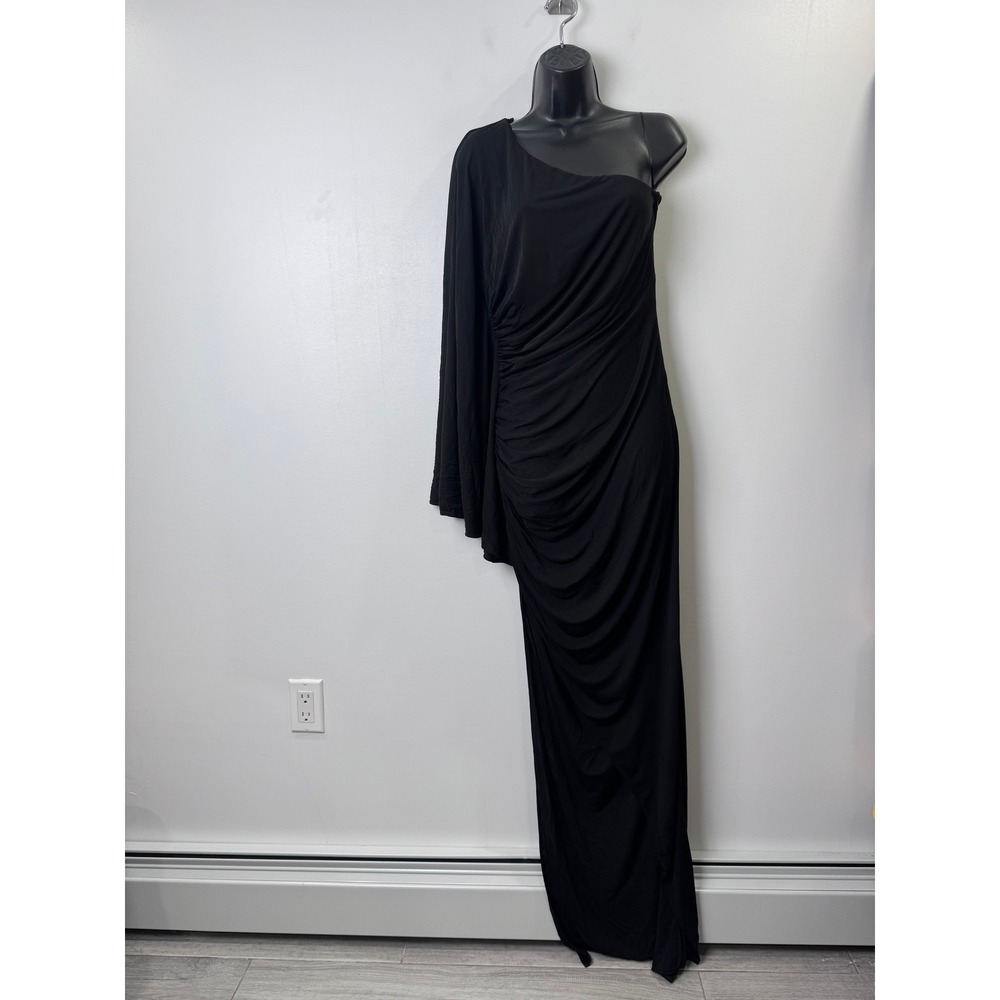 Ronny Kobo Women Black One Shoulder Ruched Asymmetrical Maxi Dress Size Medium